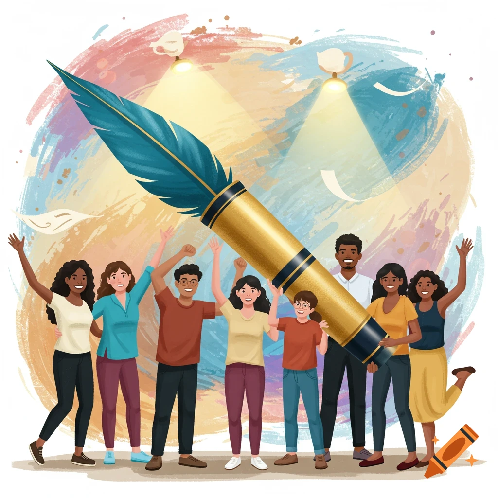 Artistic illustration of a diverse group of people celebrating around a large golden and blue quill against a colorful background.