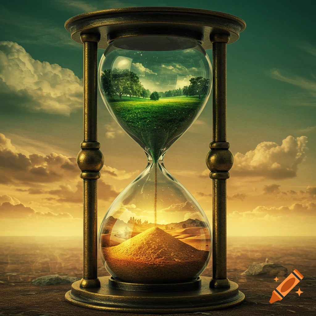 Photorealistic hourglass with a green landscape in the top bulb and a desert landscape with sand in the bottom, under a dramatic sky.