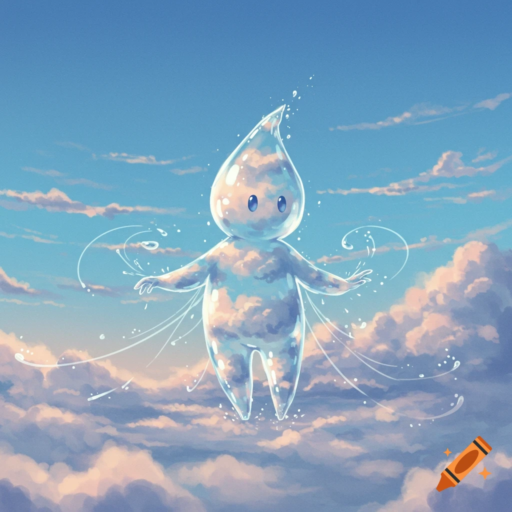 A cute, whimsical character, a transparent water droplet filled with clouds, floats in a blue sky among fluffy clouds.