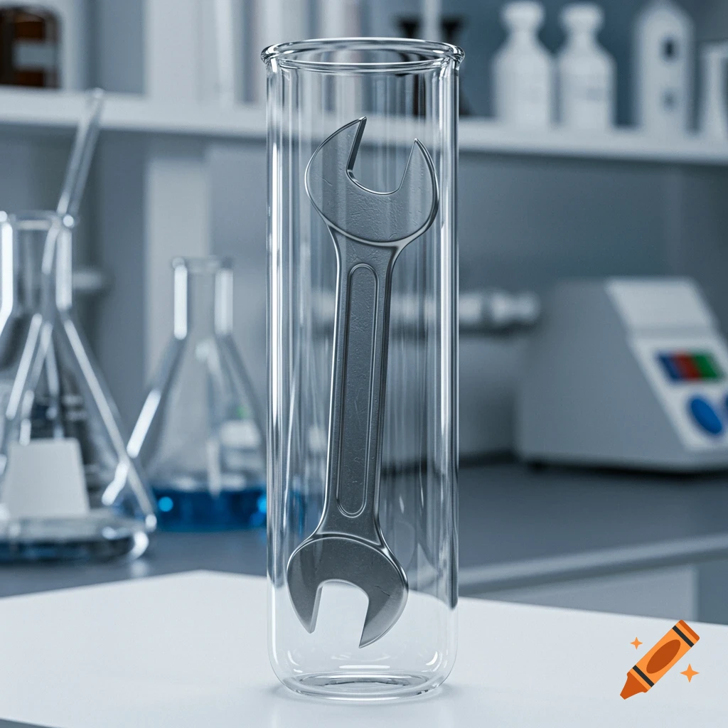 A metal spanner inside a clear glass test tube in a photorealistic laboratory setting.