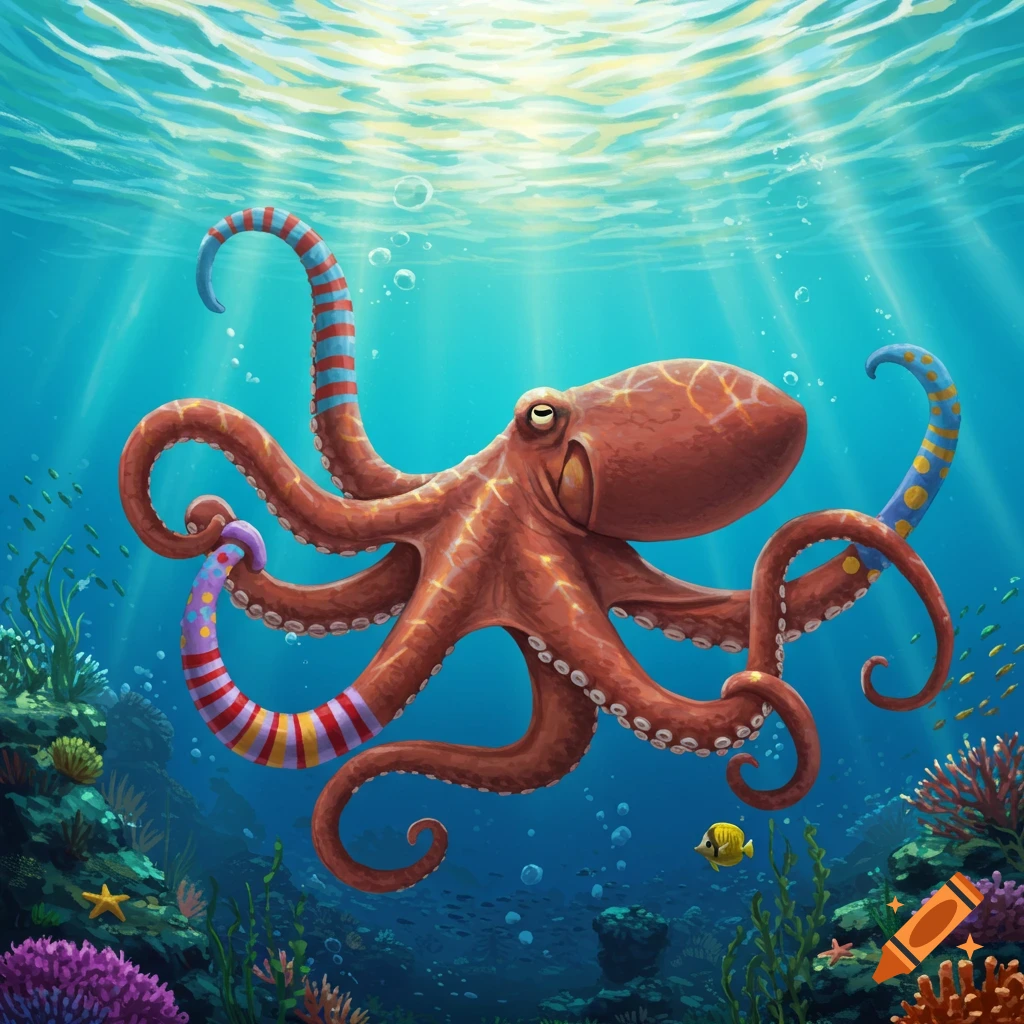 A cheerful, brown octopus with four colorful, patterned tentacles swims underwater amidst coral reefs and small fish, with sunbeams from above.