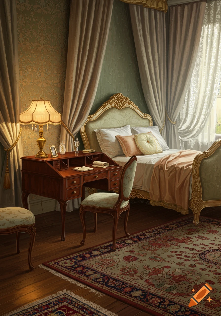 A luxurious, ornate bedroom with a canopy bed, a vintage writing desk, and patterned wallpaper and rugs, bathed in soft light.