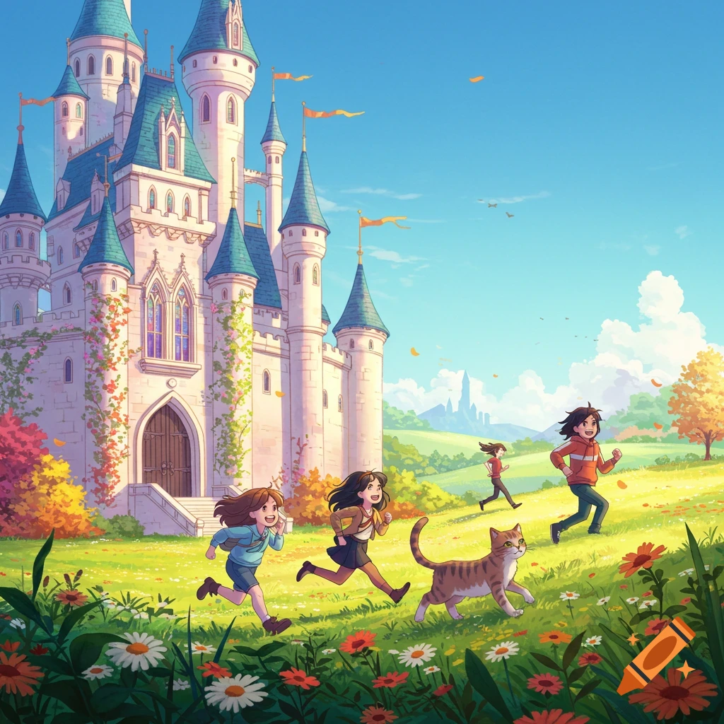 Anime illustration of children and a cat running from a fairytale castle on a sunny, flower-filled hill.