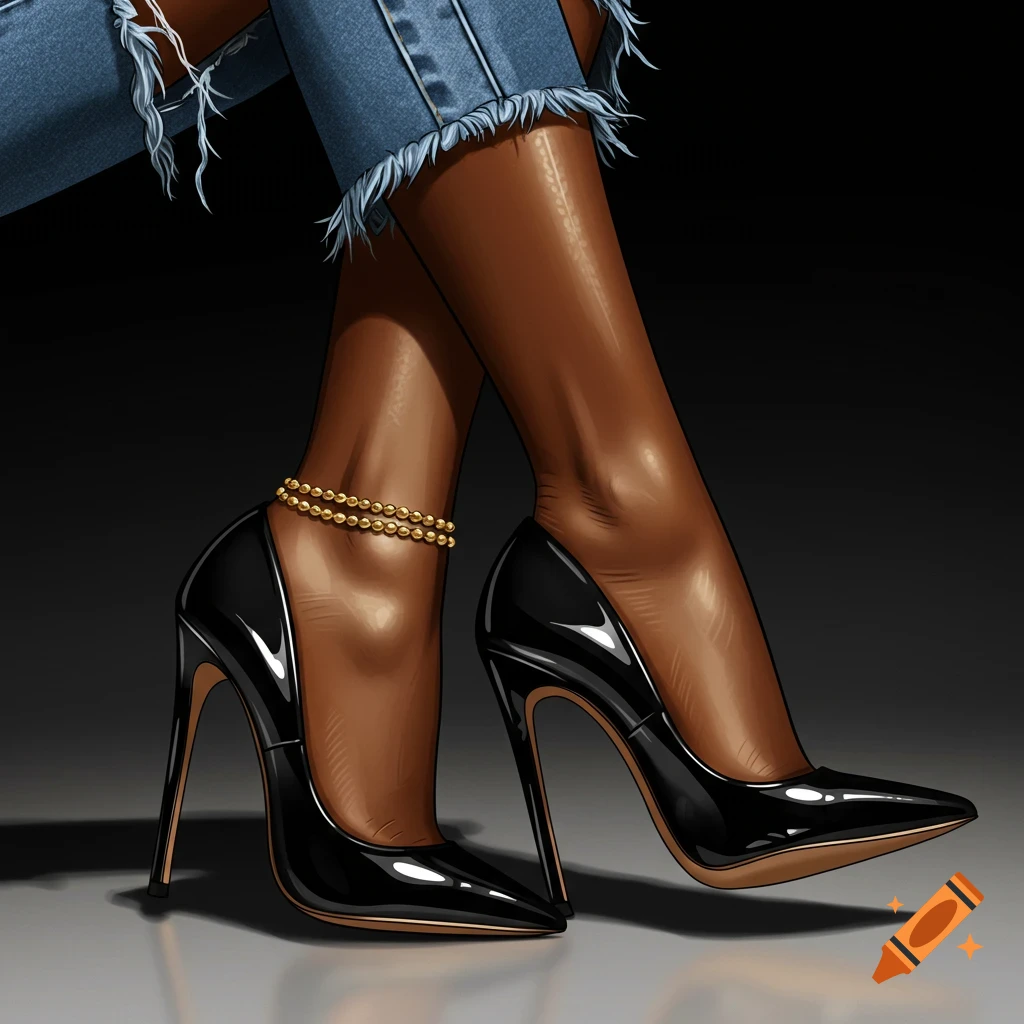 Close-up of a Black woman's legs wearing ripped denim jeans, black stiletto high heels, and a gold ankle chain, in a glossy digital illustration style.