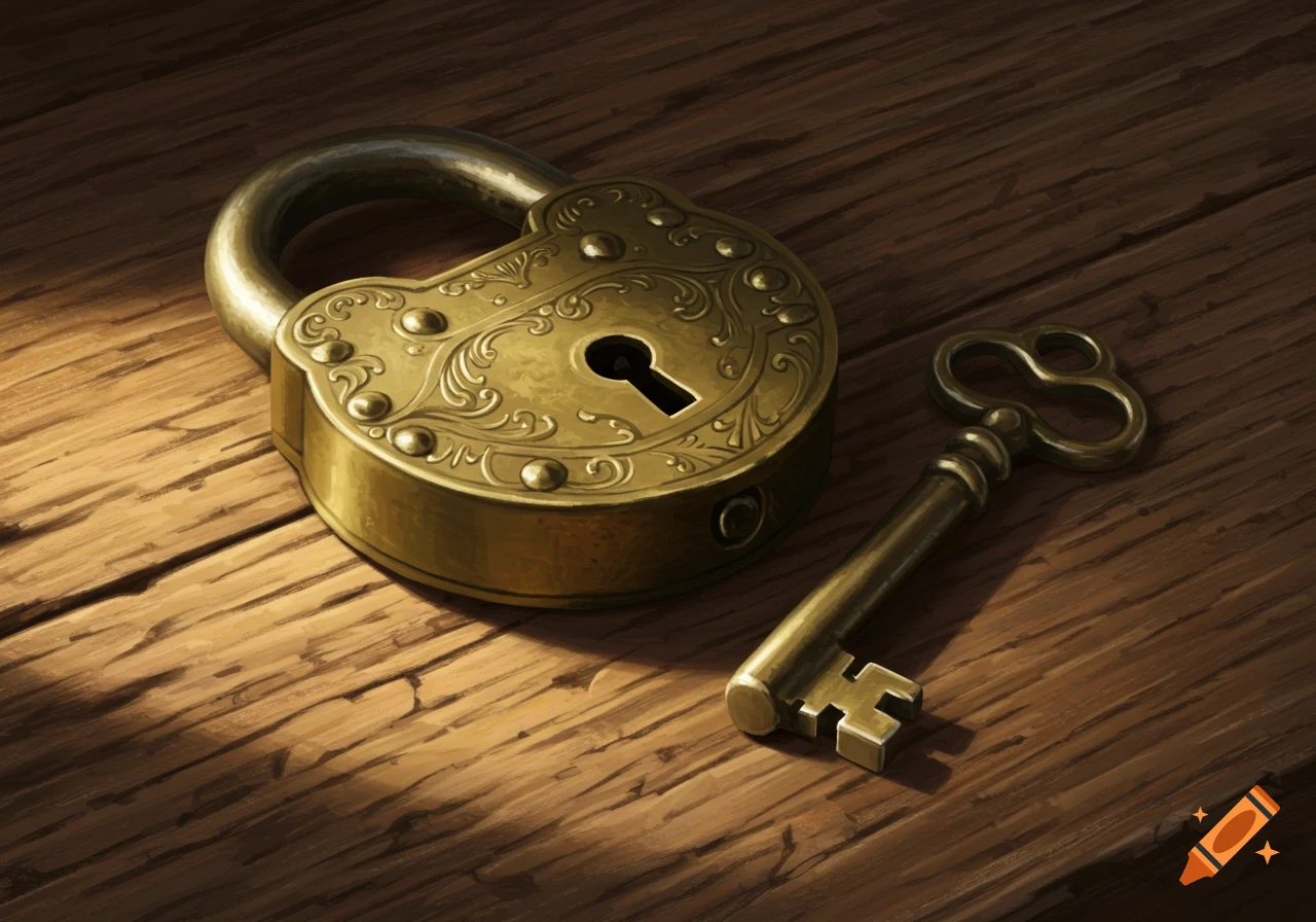 An ornate brass padlock and an old key rest on a wooden table, rendered in a detailed illustrative style.