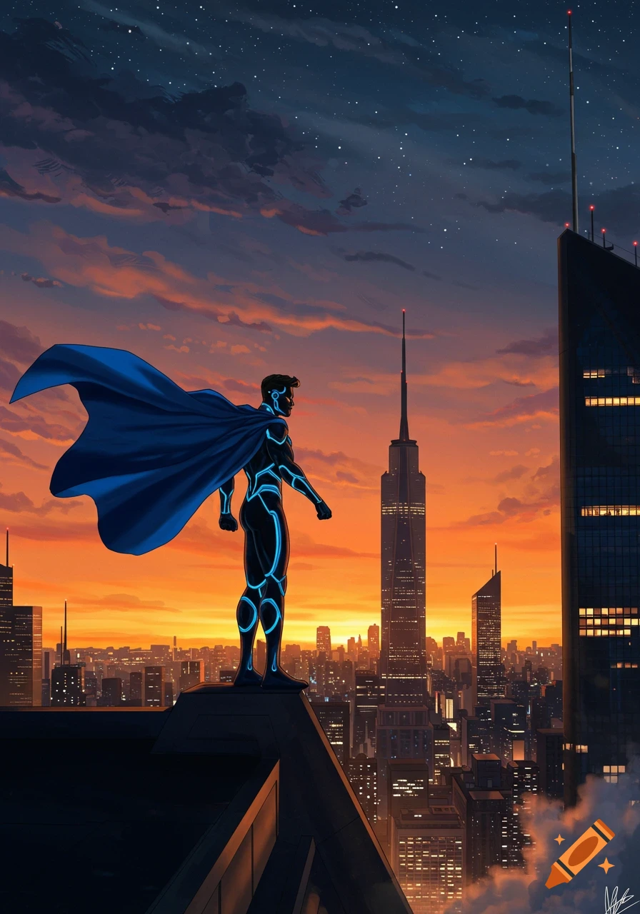 A superhero in a black suit with glowing blue lines and a blue cape stands on a city skyscraper rooftop, gazing at a futuristic cityscape at sunset.