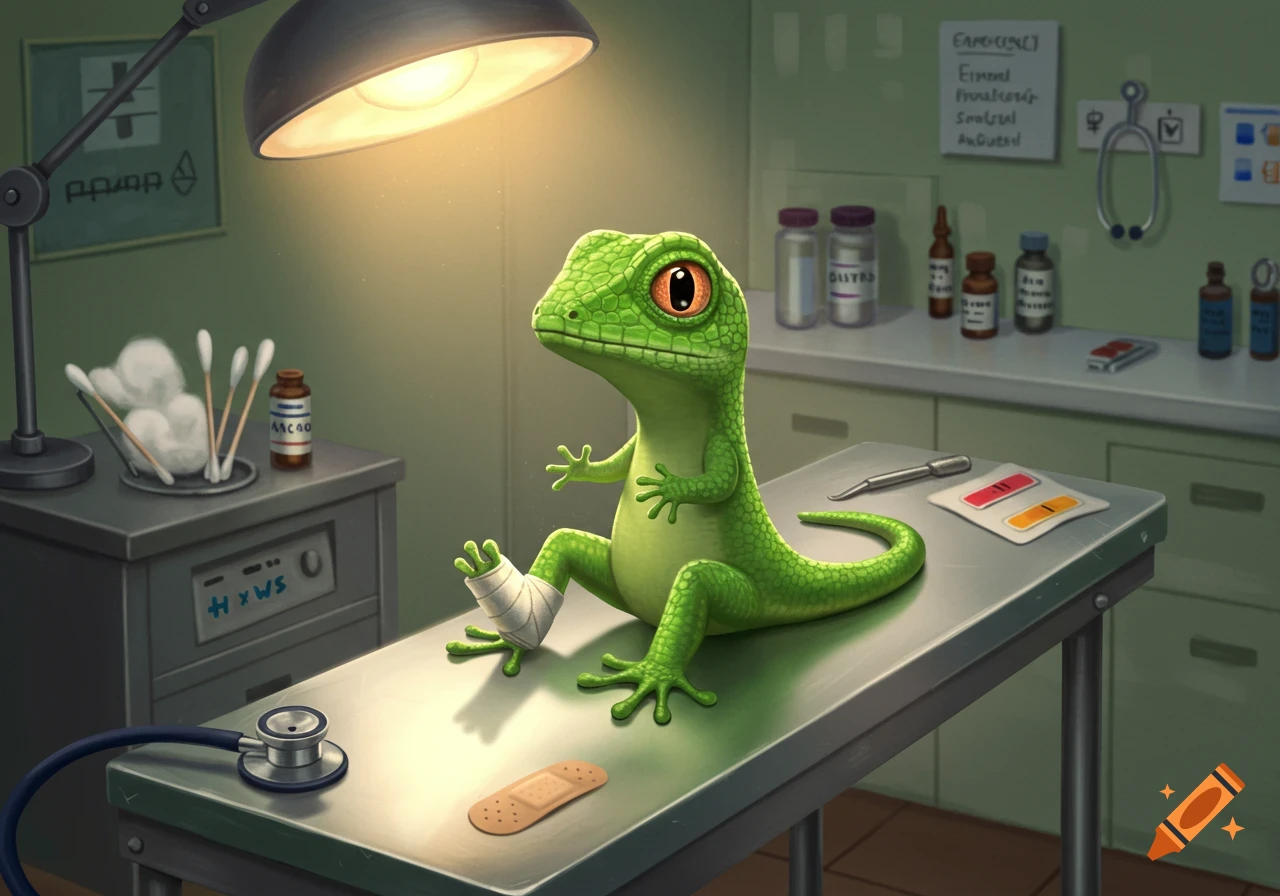 A cute green cartoon lizard with a bandaged leg sits on a metal examination table in a brightly lit veterinarian's office.