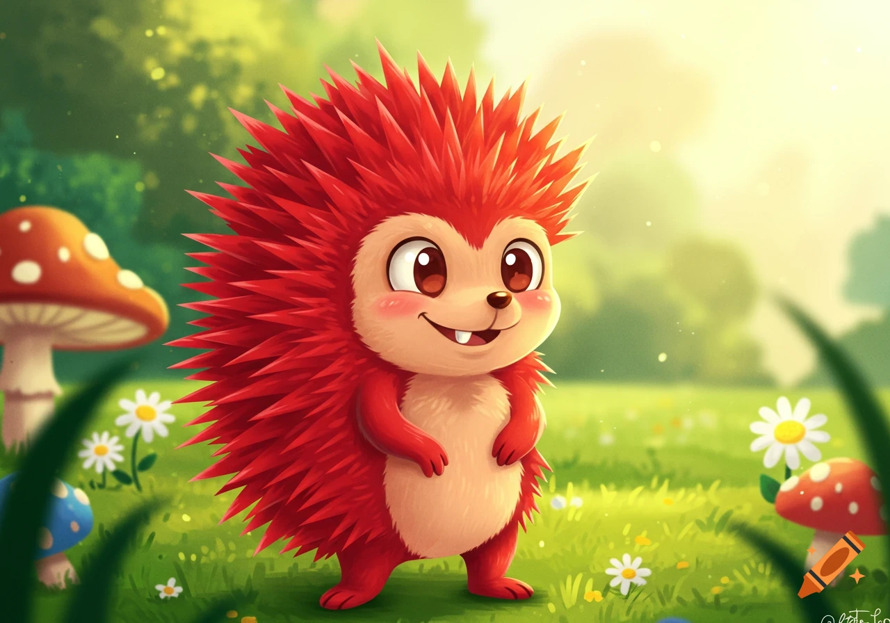 A cute, cartoonish red hedgehog stands smiling in a vibrant green meadow surrounded by colorful mushrooms and white daisies.
