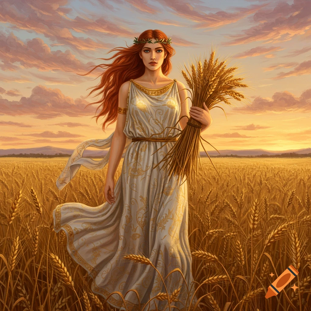 Painting of goddess Demeter with red hair and wreath, standing in a golden grainfield at sunset, holding a bundle of wheat.