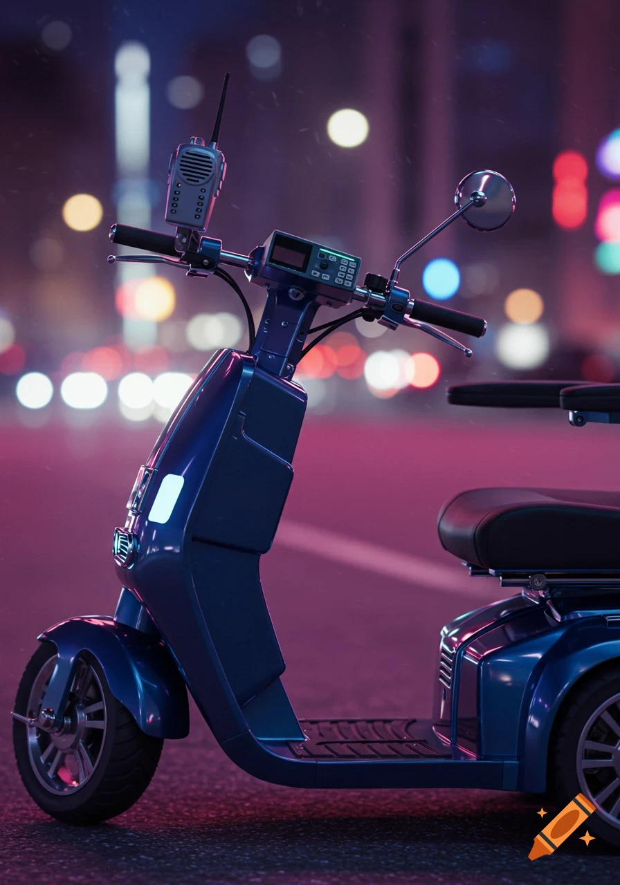 A blue motorized scooter with a CB radio on its handlebars, on a wet city street at night with blurry neon lights.