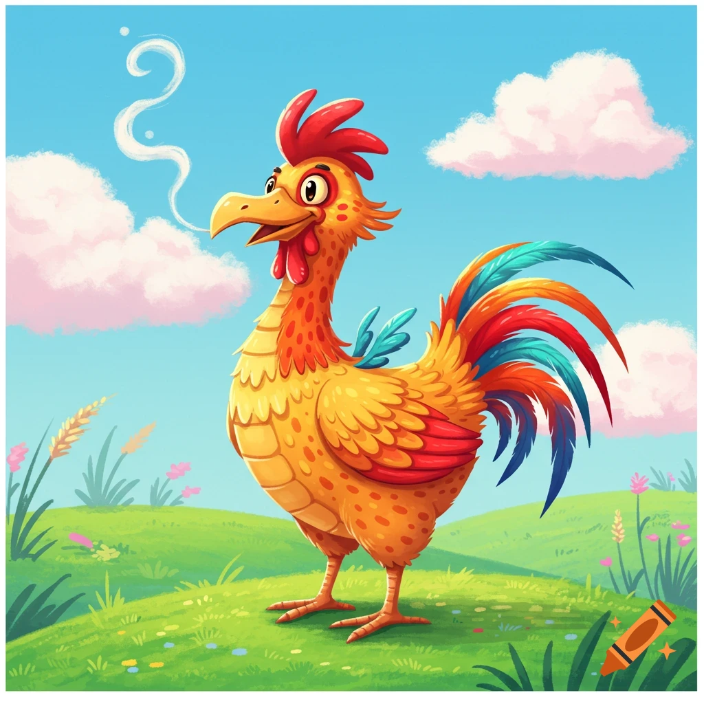 A vibrant, cartoony chicken-dragon stands in a green field under a blue sky with pinkish clouds.