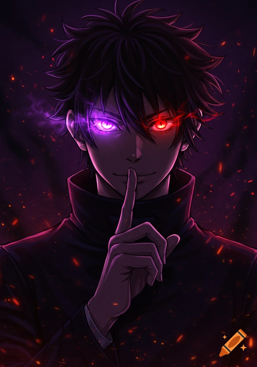 Anime-style portrait of a young man with messy black hair, glowing purple left eye and red right eye, making a 'shh' gesture. Dark background with glowing embers.