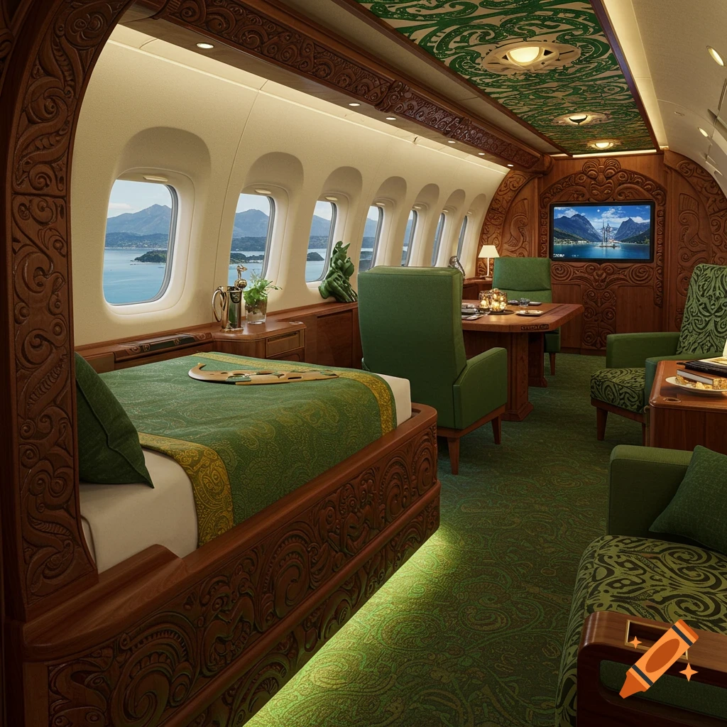 Luxurious private jet interior with carved wooden bed, green and gold decor, and large windows showing a scenic landscape.