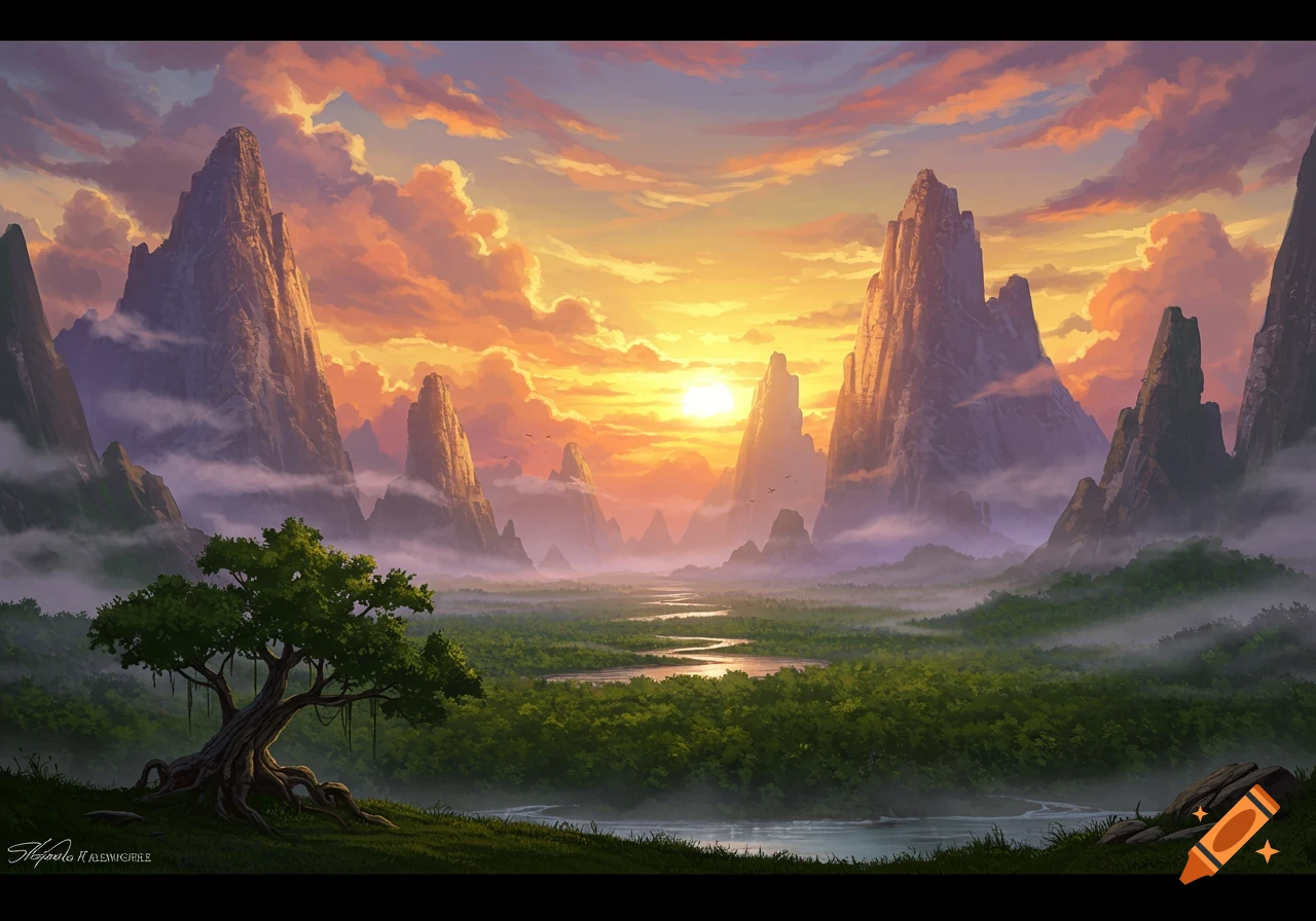 Epic fantasy landscape at sunset with towering mountains, a winding river, and a gnarled tree, digital painting.