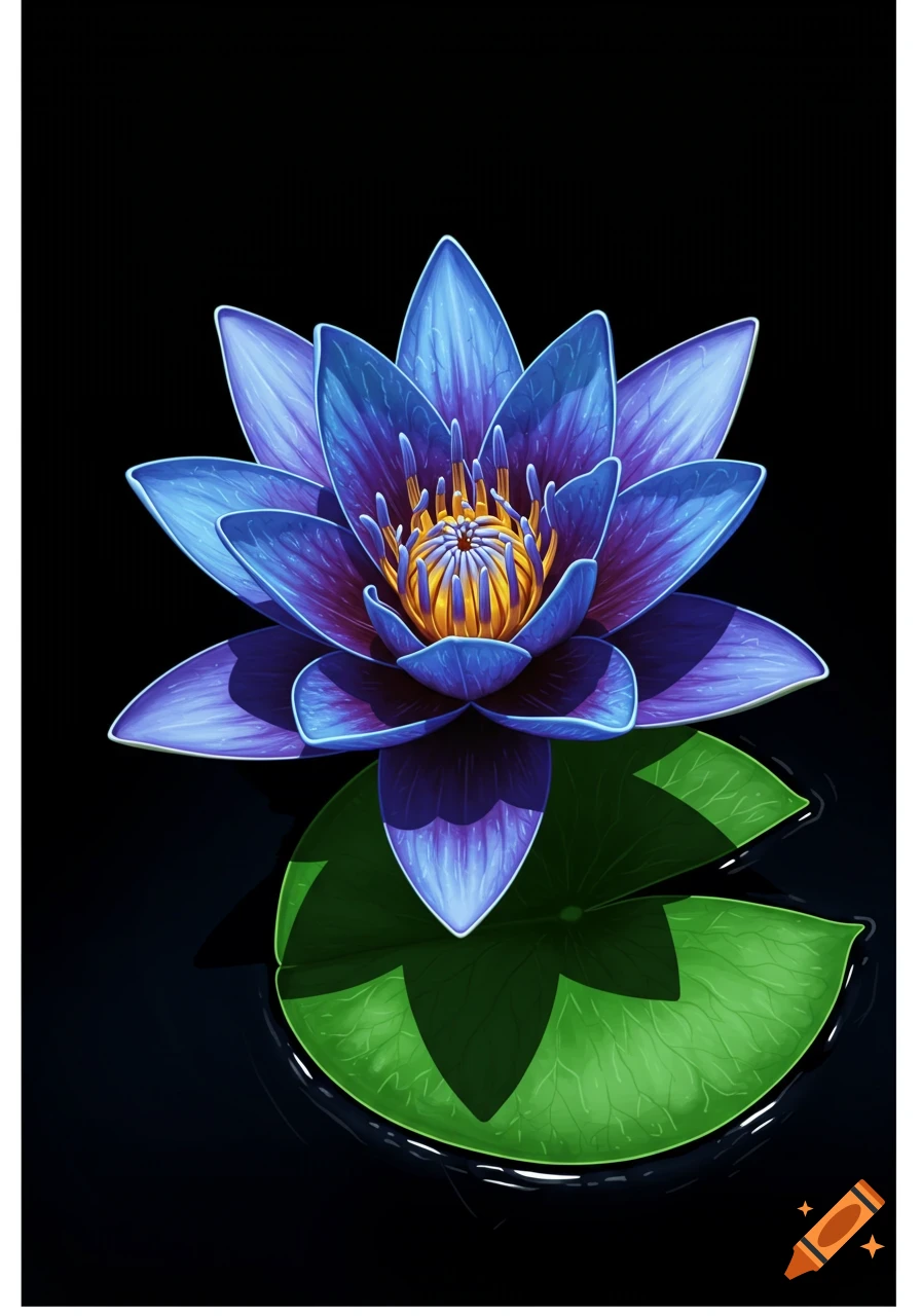Vibrant blue and purple water lily with a yellow center, on a green lily pad against a black background. Digital art style.