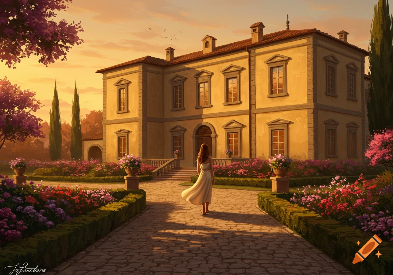 Woman in a white dress walks on a cobblestone path towards a grand villa at sunset, surrounded by a vibrant flower garden.