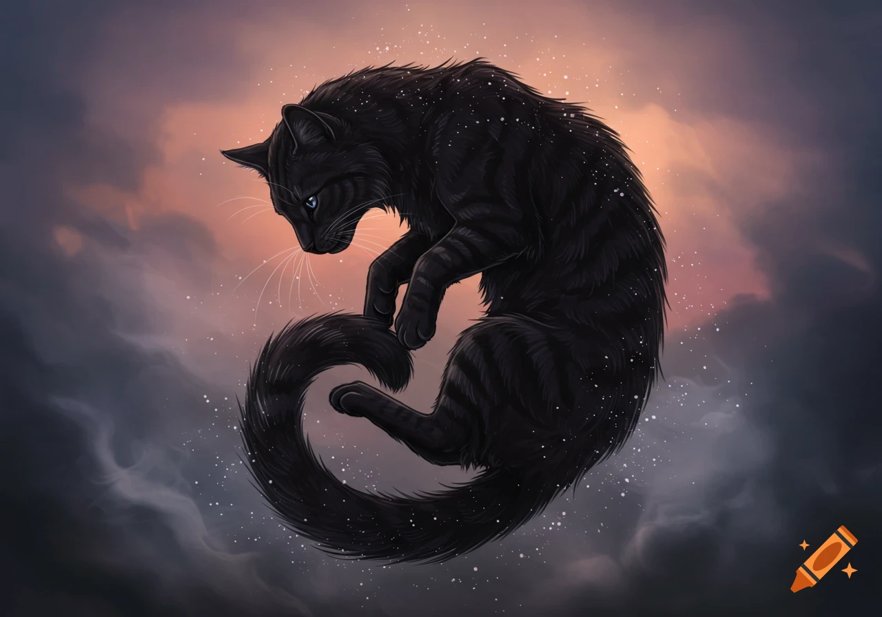 Stylized black cat with blue eyes curled in a figure-eight shape against a pink and purple cloudy sky with white specks.