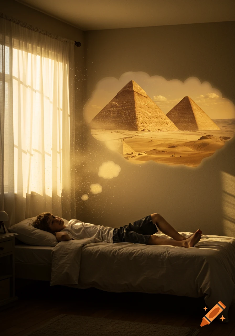 A young boy sleeps in a sunlit bedroom, dreaming of ancient Egyptian pyramids in a desert landscape.