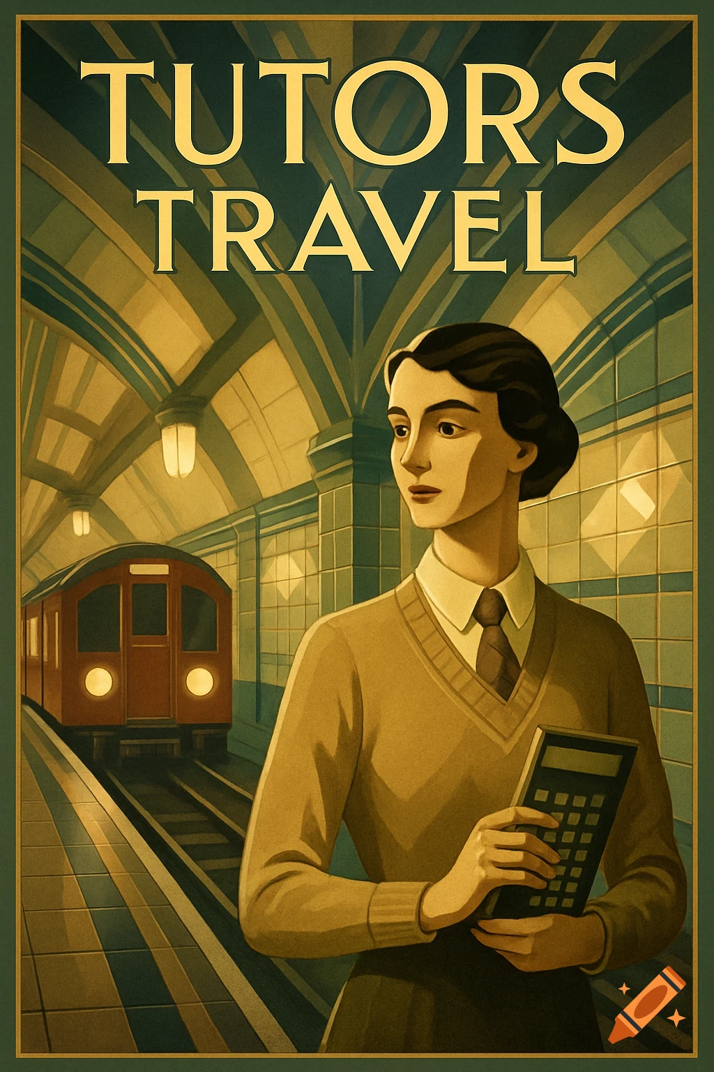 Art Deco vintage poster of a woman with a calculator on a subway platform with a train, captioned 'Tutors Travel'.