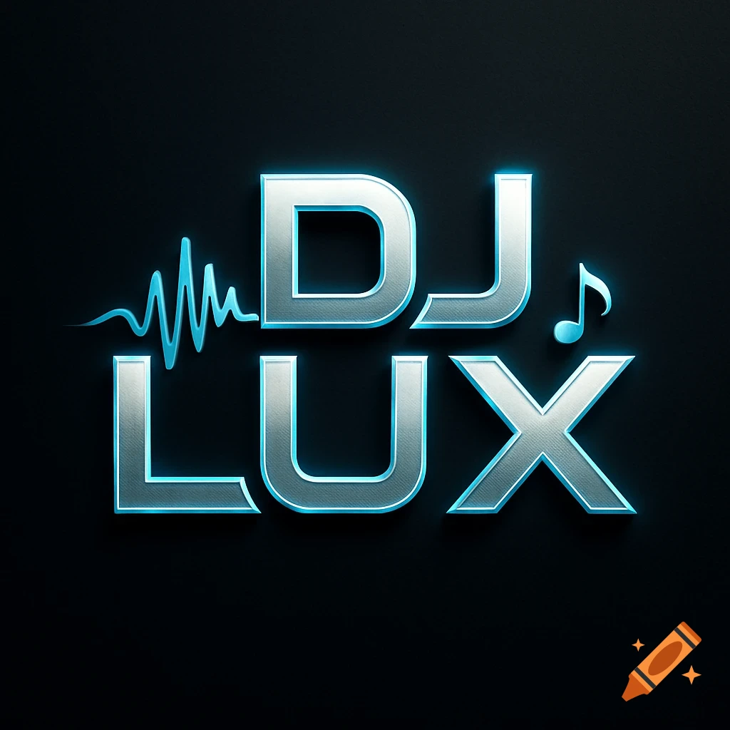 Metallic 'DJ LUX' logo with a blue glow, a soundwave, and a musical note on a black background.