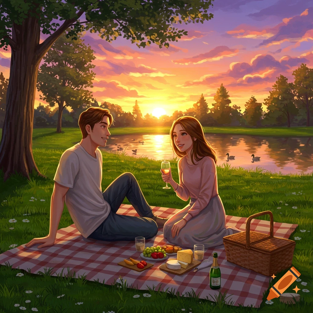 Illustrated scene of a man and woman having a picnic by a lake at sunset in a park.