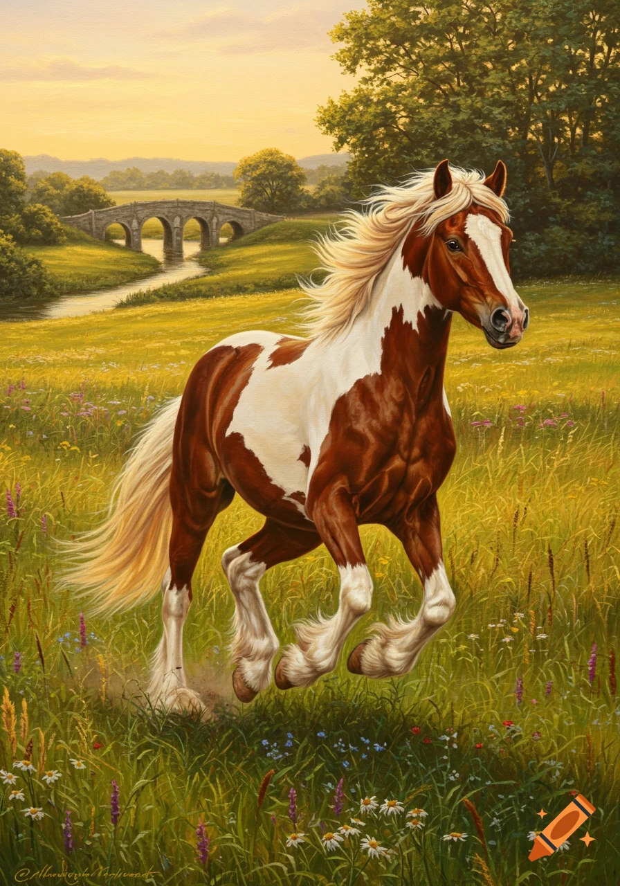 A piebald horse with a blonde mane gallops through a sunny green field with wildflowers and a distant stone bridge.