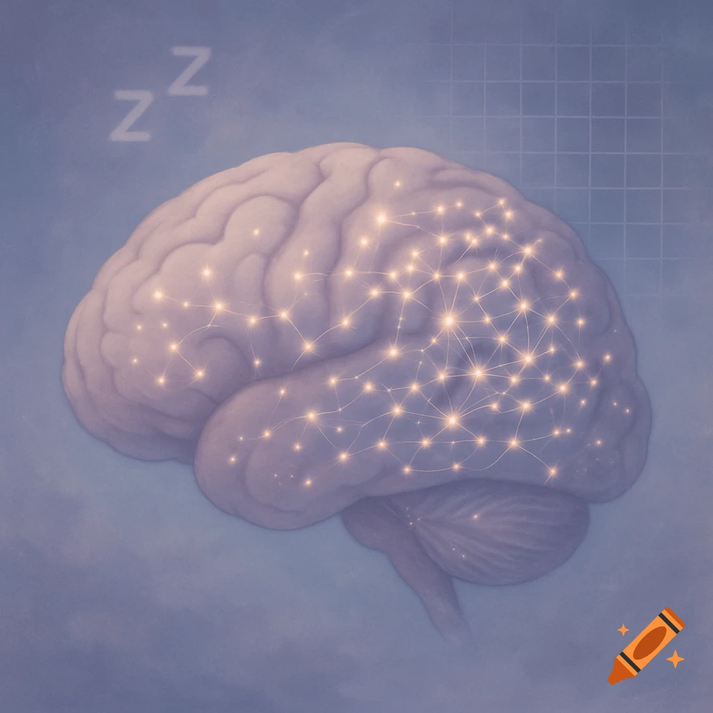 An illustrative human brain with glowing neural connections, representing memory during sleep, with 'Zz' symbols.