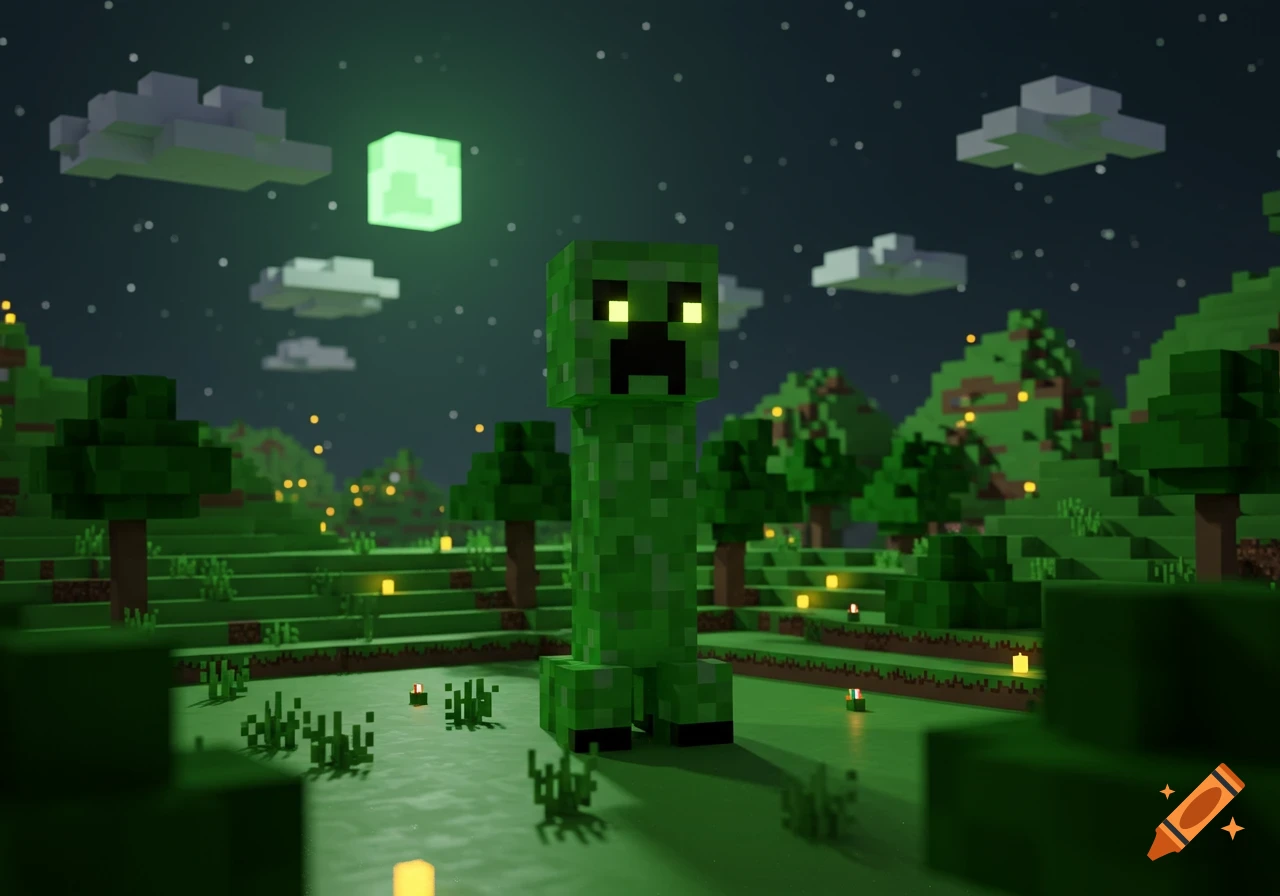 A green Minecraft Creeper stands in a blocky landscape at night, with a glowing green block in the sky and sparkling lights.