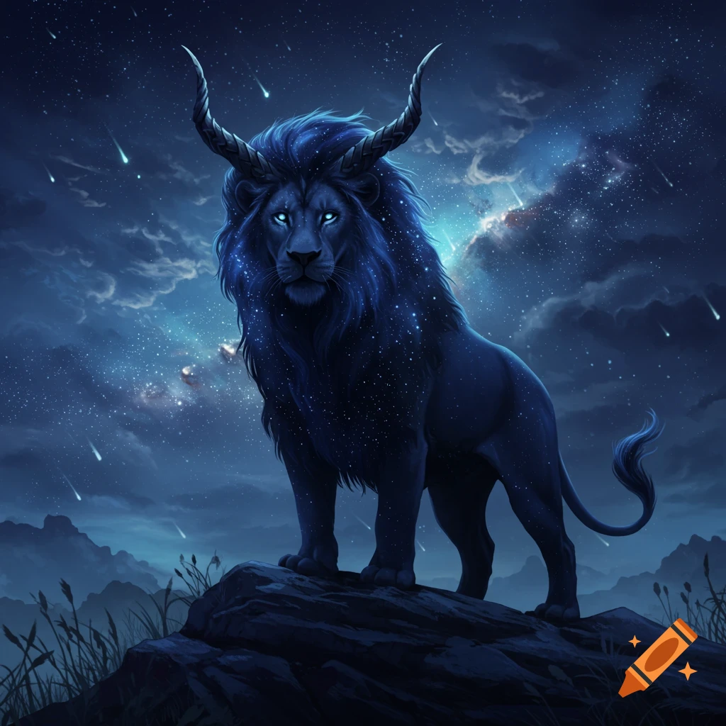 A majestic dark blue lion with horns stands on a rock under a starry night sky with falling meteors.