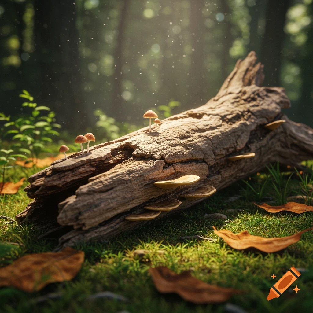 A fallen log covered in mushrooms lies on a mossy forest floor, with dappled sunlight filtering through trees.