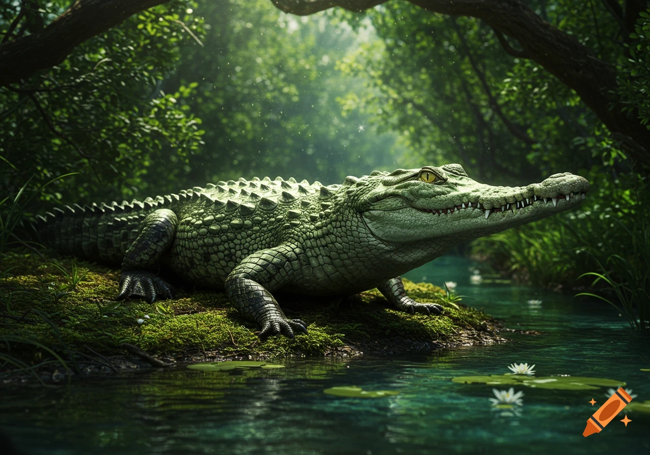 A photorealistic green crocodile rests on mossy ground beside a river in a lush, sunlit jungle.
