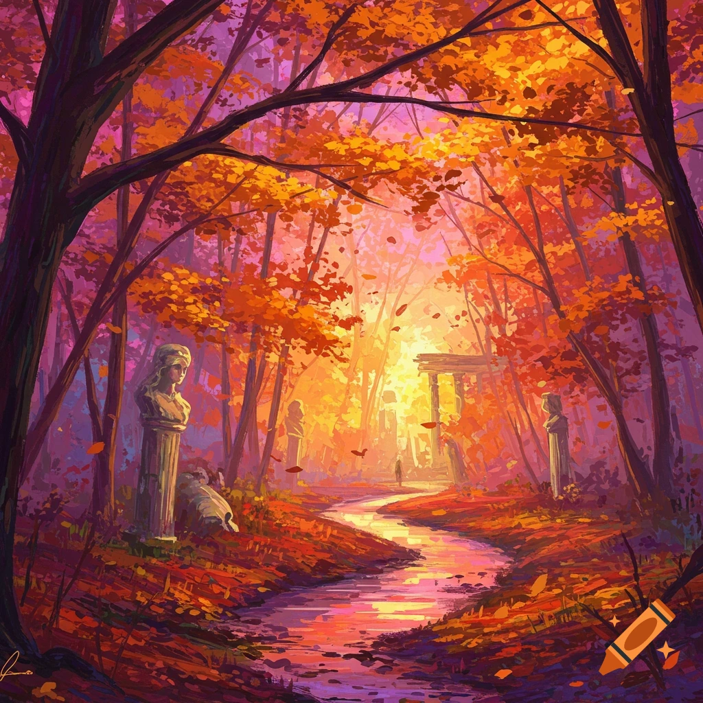 Impressionist digital painting of an autumn forest path with glowing orange and crimson leaves, a winding river, and ancient statues.