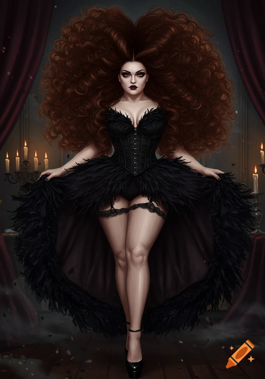 A goth woman with enormous curly brunette hair, dark makeup, wearing a black feathery corset dress and stockings, stands in a candlelit room.
