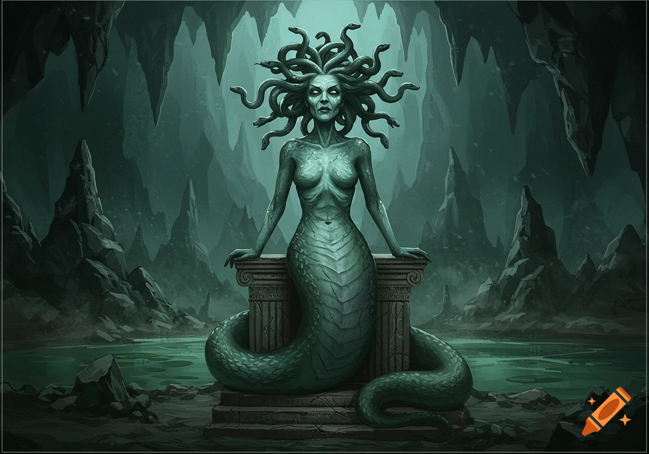 Dark fantasy illustration of an old, monstrous Medusa with snakes for hair and a scaled snake body, standing on a pedestal in an eerie cave with green water.