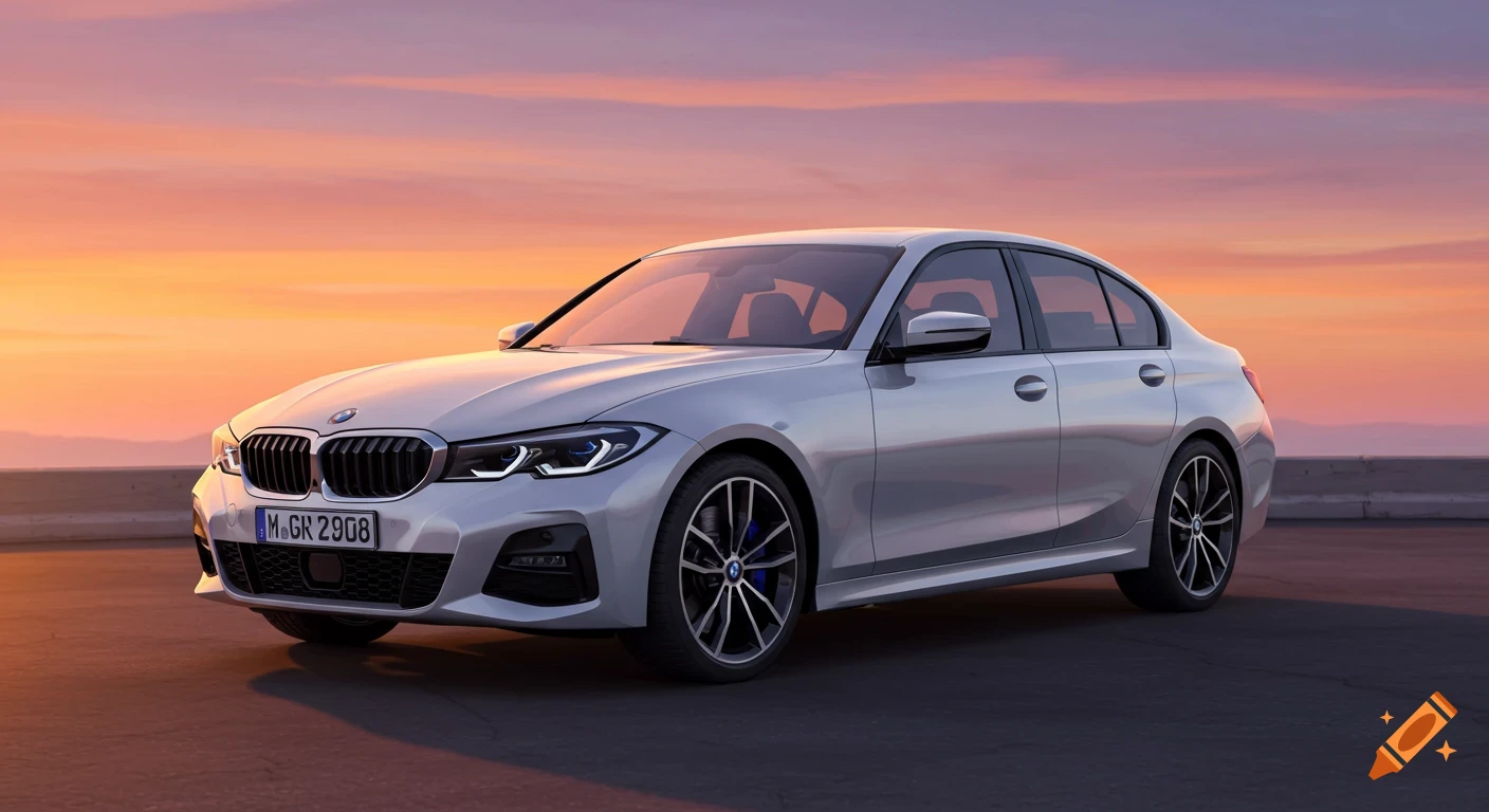 A silver BMW G20 3 Series sedan with M Sport package parked on asphalt against a vibrant orange and purple sunset sky.
