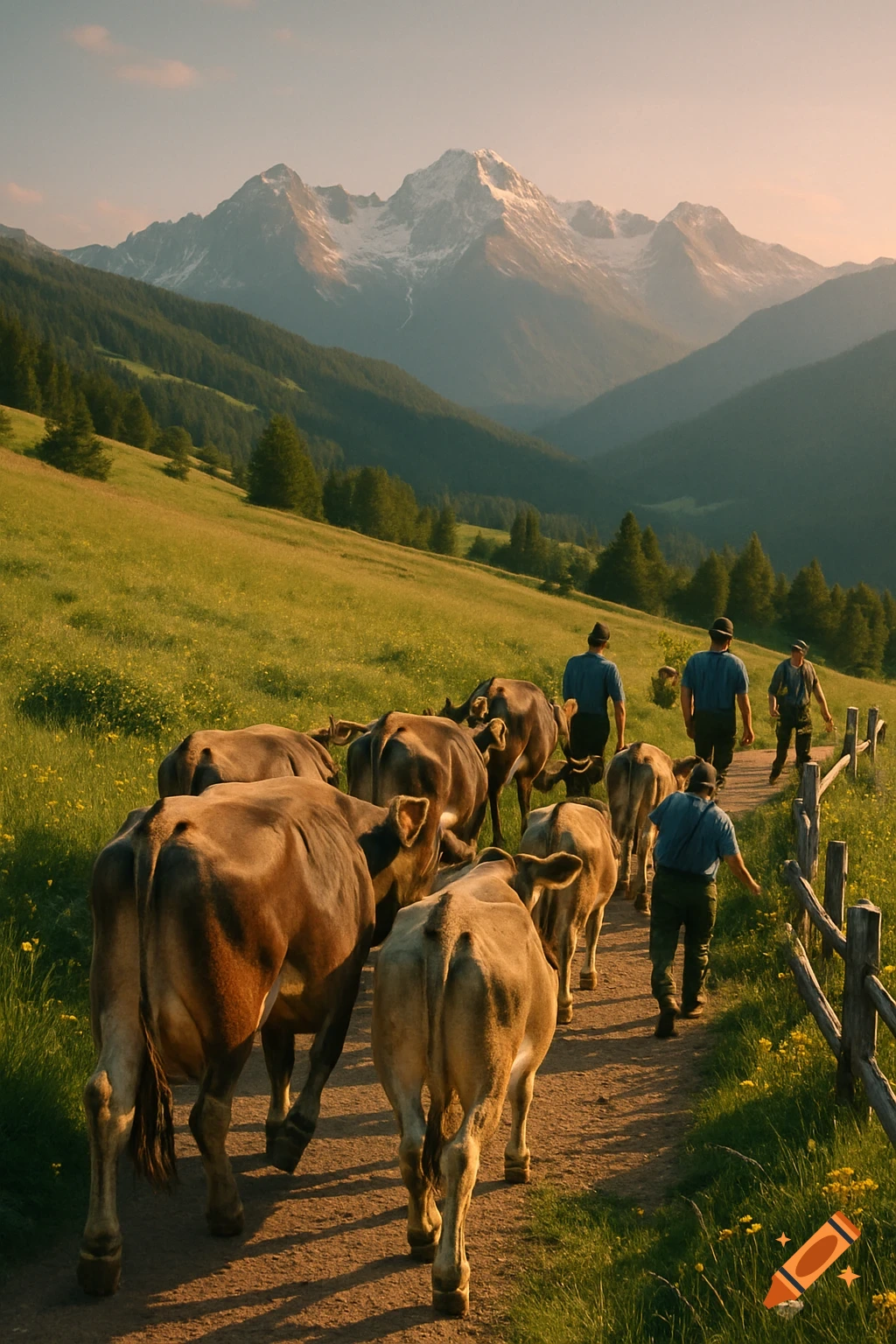 Herders drive brown cows down a dirt path through a sunlit mountain valley with green slopes.