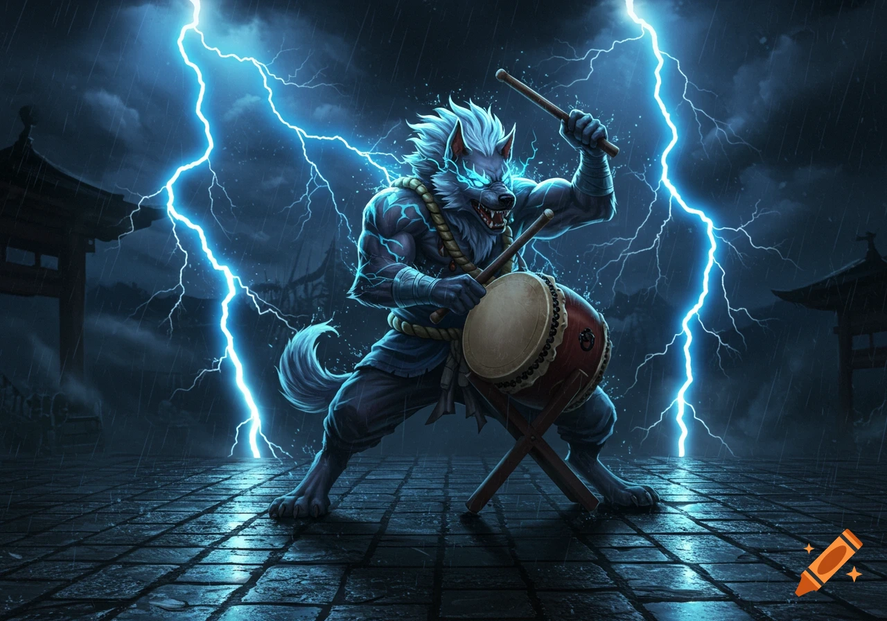 A powerful, blue-glowing wolf creature plays Taiko drums under a stormy, lightning-filled sky with Japanese architecture. Digital fantasy art.