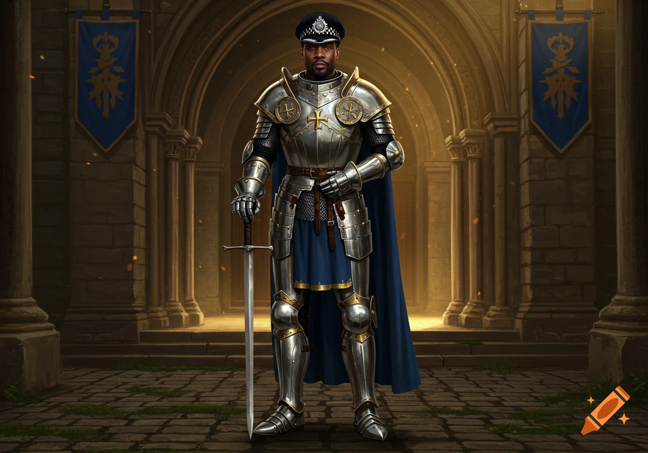 A dark-skinned man in a police cap and shining silver knight armor, holding a sword in a stone archway.