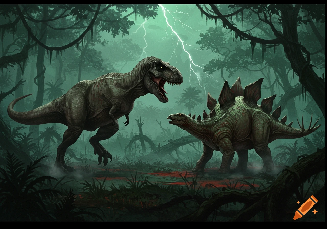 A T-Rex roars at a Stegosaurus in a dark, misty jungle with lightning in the sky, in a dramatic horror style.