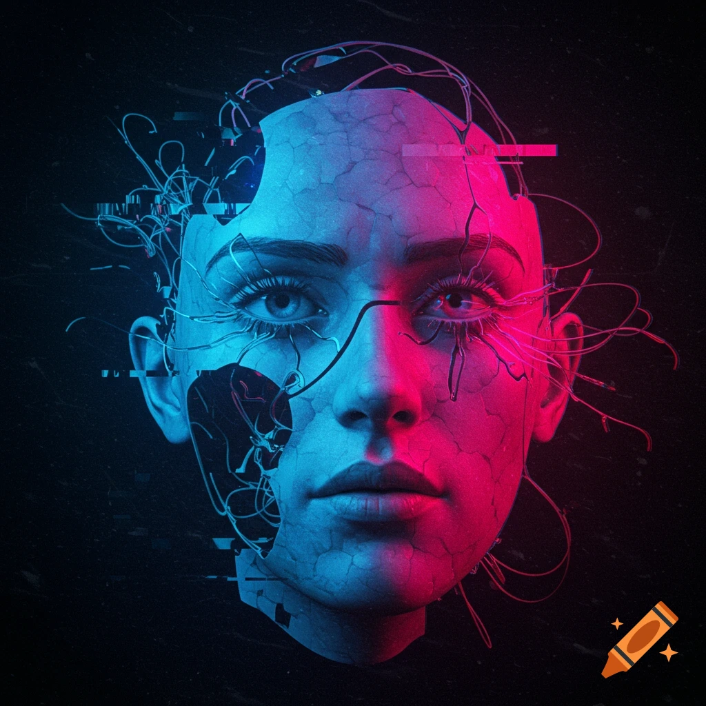 Close-up of a fragmented human face with cracks, exposed wires, and digital glitch effects, illuminated by blue and pink light.