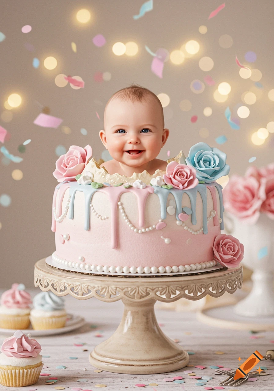 A smiling baby peeking from a pink and blue cake adorned with roses, surrounded by confetti and cupcakes in a photorealistic style.