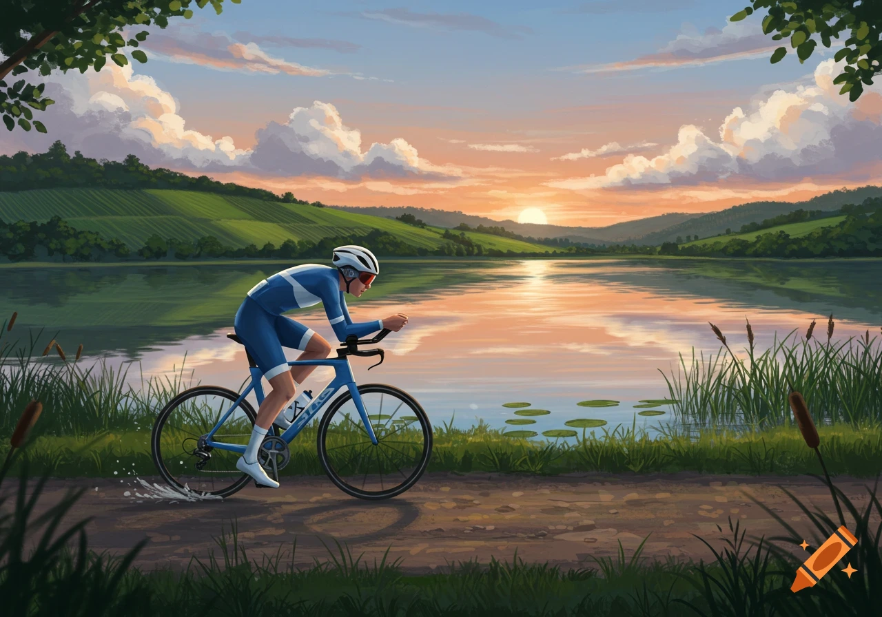 A cyclist in a blue and white suit rides a blue racing bike along a dirt path next to a calm lake with lily pads at sunset. Green hills are in the background under a sky with colorful clouds in a painterly style.