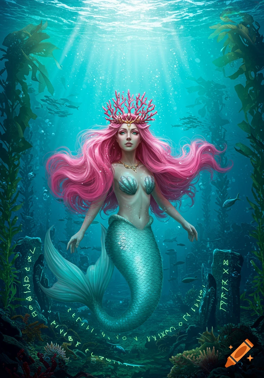A beautiful pink-haired mermaid with a coral crown floats in a vibrant underwater scene with kelp, fish, and glowing runes.