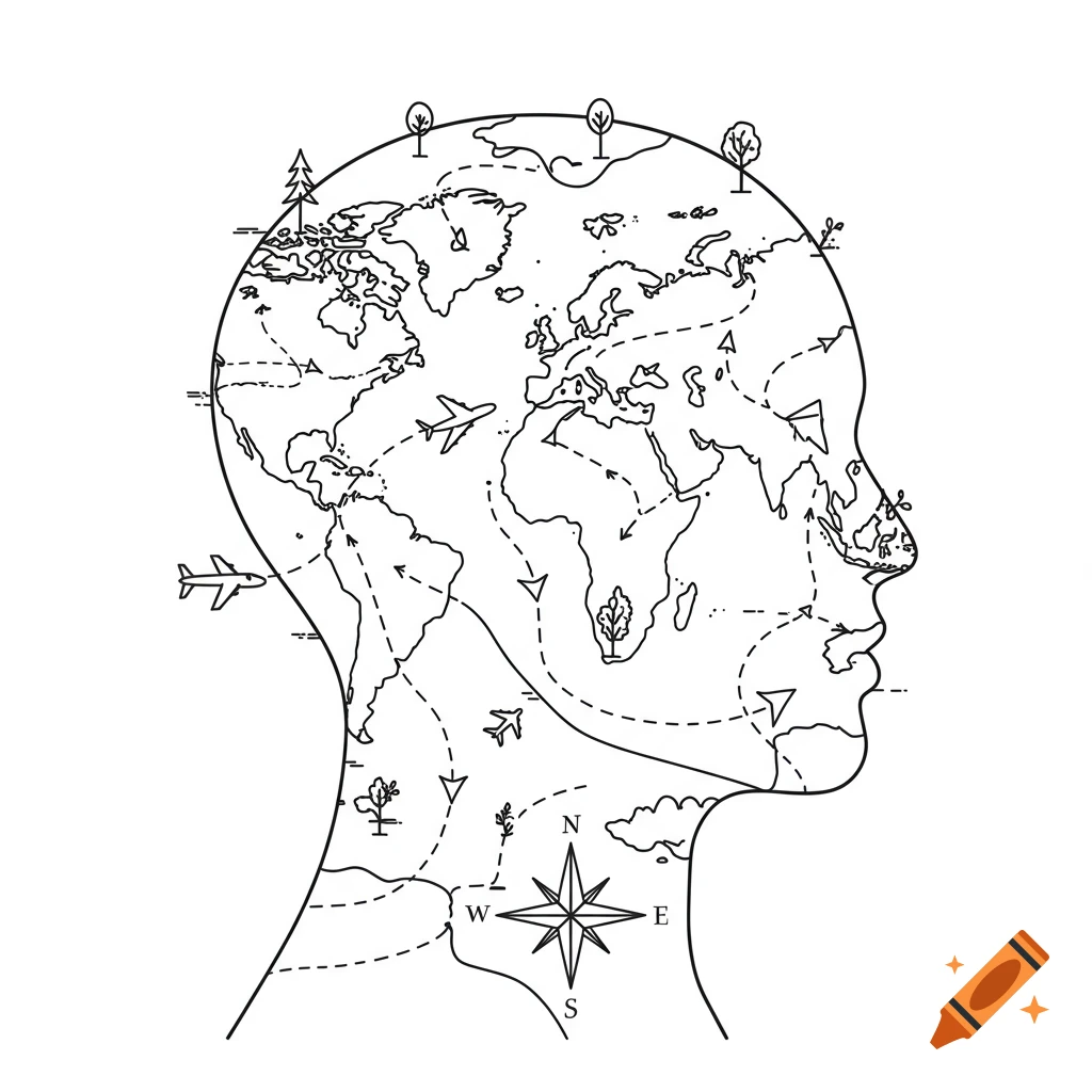 A clean line art illustration of a human head profile containing a world map with travel paths, planes, trees, and a compass.
