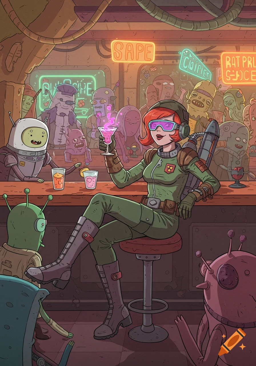 A female space rogue in a green jumpsuit and goggles drinks at a bar filled with various aliens in a cartoon sci-fi style.