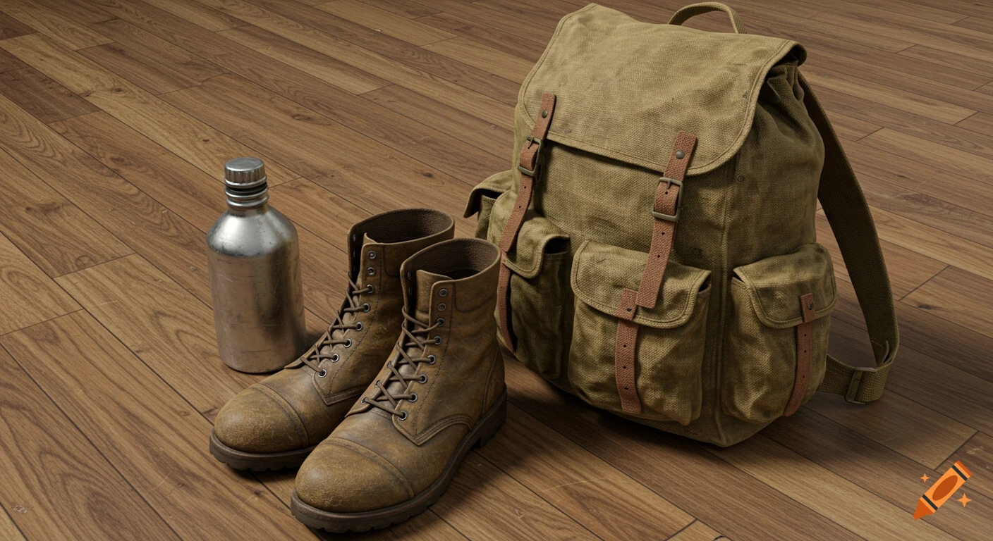 A hyper-realistic image of an olive green military rucksack, brown combat boots, and a metal water bottle on a wooden floor.