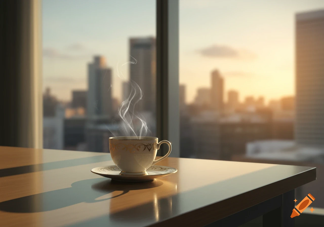 Steaming coffee cup on a wooden table beside a large window overlooking a blurred city skyline at sunrise, photorealistic style.