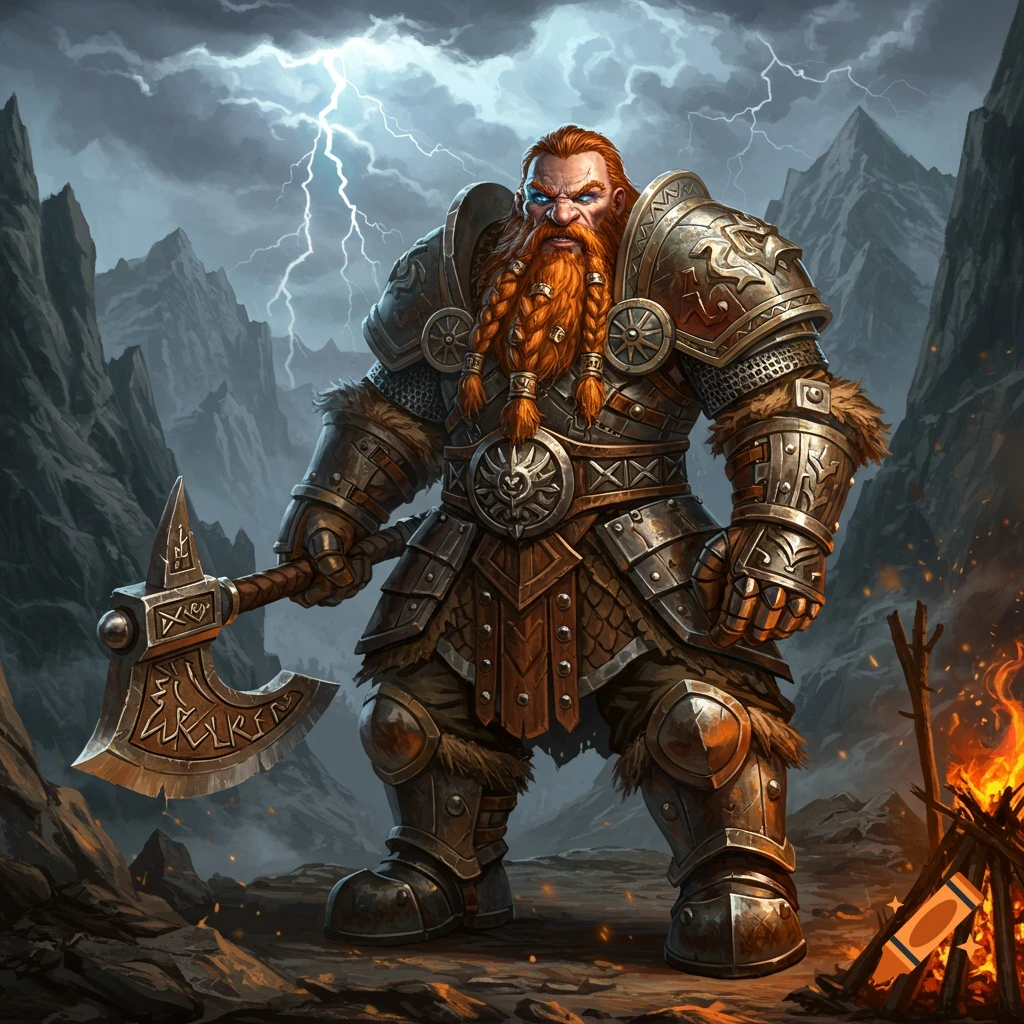 A heavily armored dwarf barbarian with a braided red beard and glowing blue eyes holds a large axe under a stormy, lightning-filled sky in a mountainous landscape with a campfire.