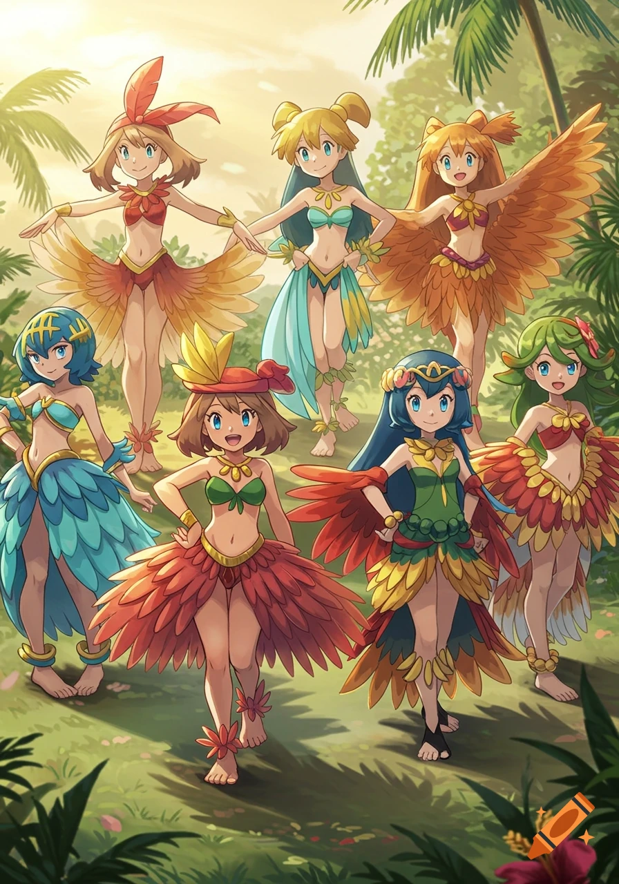 Seven female Pokemon characters in colorful, feathered, bird-of-paradise-inspired belly dancer outfits, posing in a lush tropical jungle setting. Anime style.