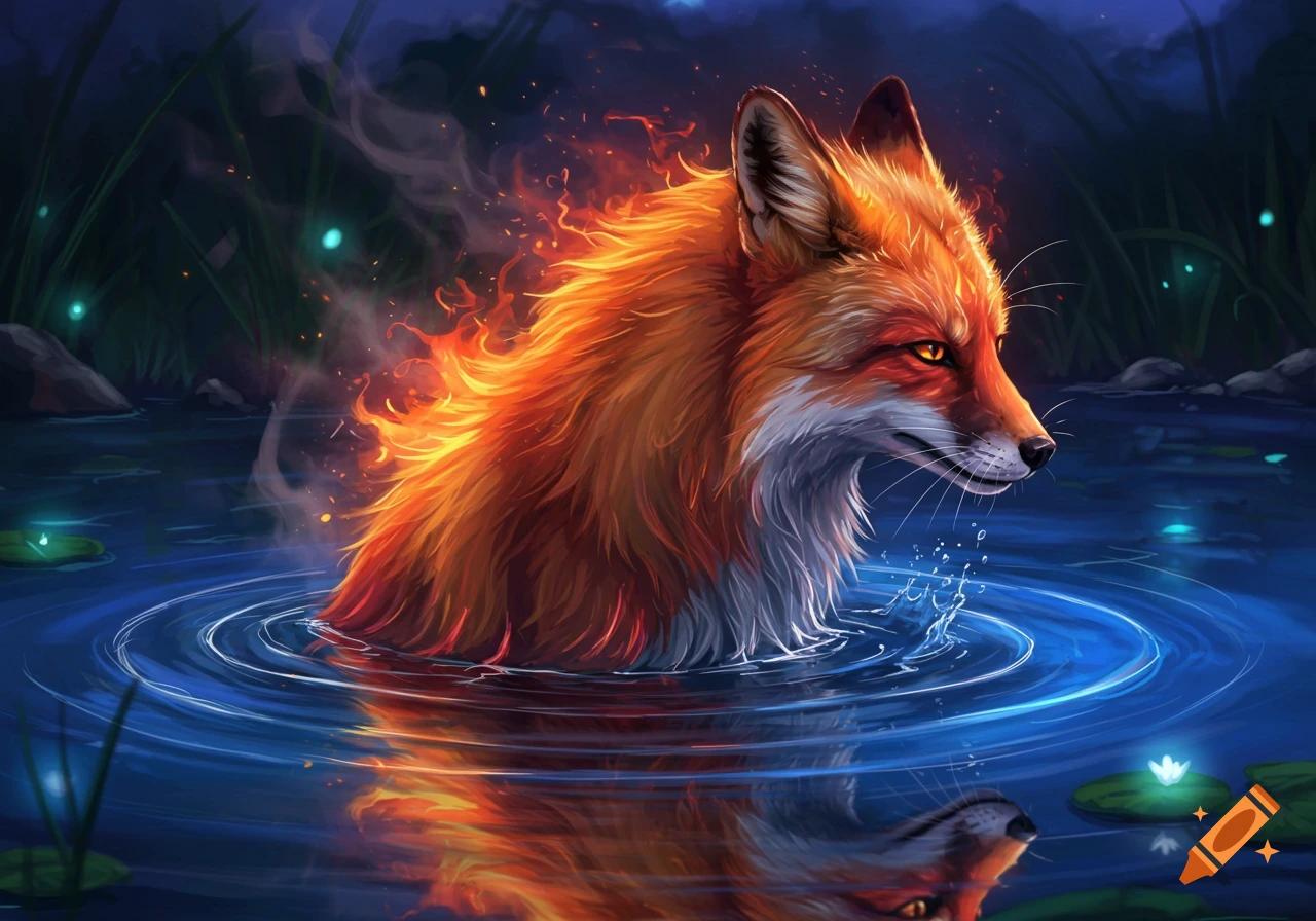 A vibrant red fox with fiery fur and glowing eyes rises from dark blue water, reflecting in a magical forest pond at night.